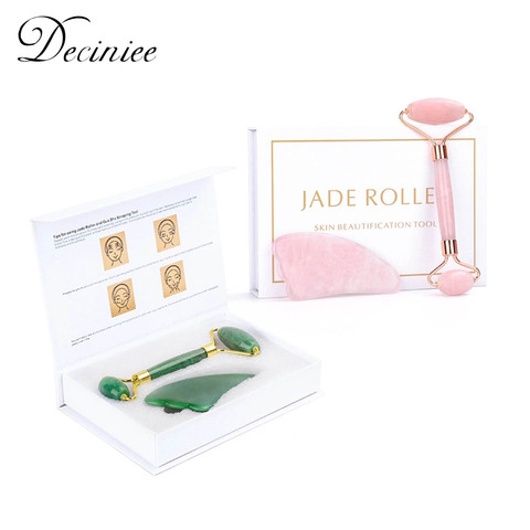 Juego de rodillo de cristal para masaje Facial, rodillo de Jade Natural Gua Sha, juego de rascador de Jade, Estiramiento Facial de piedra de cuarzo rosa, herramienta de belleza masajeadora ► Foto 1/6