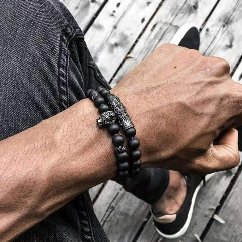 Moda Punk 2 unids/set León hombres conjuntos de pulsera Pave Cubic tubo de circonita encanto cuenta de piedra mate conjuntos de pulsera para hombres regalo de la joyería ► Foto 1/6