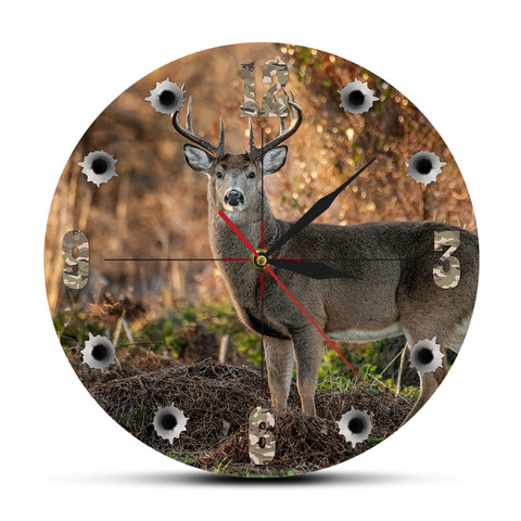 Reloj de pared redondo con cámara de cazador de ciervos, reloj de pared con diseño de Animal de vida salvaje, cabina de alce, regalo para caza ► Foto 1/6