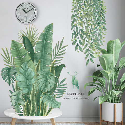 Luanqi verde hojas de pared pegatinas para casa habitación calcomanía de vinilo para pared Tropical Pared de plantas de la etiqueta engomada de la puerta murales papel Decoración ► Foto 1/6