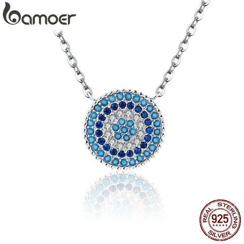 BAMOER Popular 925 redondo de plata esterlina de cristal azul de la suerte los ojos de las mujeres colgante collares de plata auténtica de SCN099 ► Foto 1/6