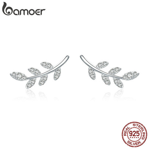 BAMOER-pendientes de tuerca de circonia cúbica transparente para mujer, de hojas de Primavera de Plata de Ley 925 auténtica, aretes, joyería BSE031 ► Foto 1/6