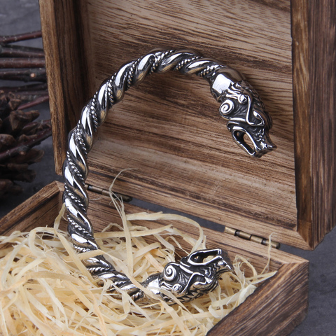 Pulsera de dragón de vikingo nórdico de acero inoxidable para hombre, brazalete ajustable con caja de madera vikinga ► Foto 1/6