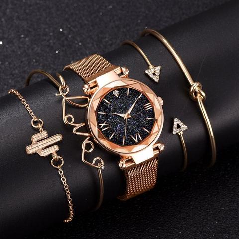 Conjunto de 5 uds. De relojes de lujo para mujer, de cuarzo, con cielo estrellado magnético, femenino ► Foto 1/6