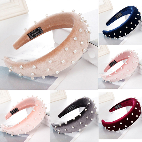 Diadema elegante con perlas de terciopelo para mujer, bandana acolchada de esponja gruesa para el pelo, banda para la cabeza, accesorios para el cabello ► Foto 1/6