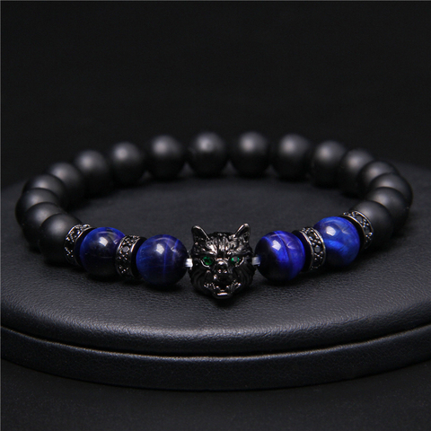 Hechos a mano nuevos 8mm pulsera de cuentas de ojo de tigre azul de piedra Natural de los hombres pulsera de cabeza de lobo negro Charm joya pulsera energética ► Foto 1/6