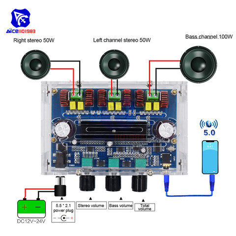 Diymore-placa amplificadora Digital TPA3116D2, con Bluetooth 5,0, 2,1 canales, Clase D, amplificador de alta potencia, 2x50W, 1x100W, CC de 12-24V, con funda ► Foto 1/6