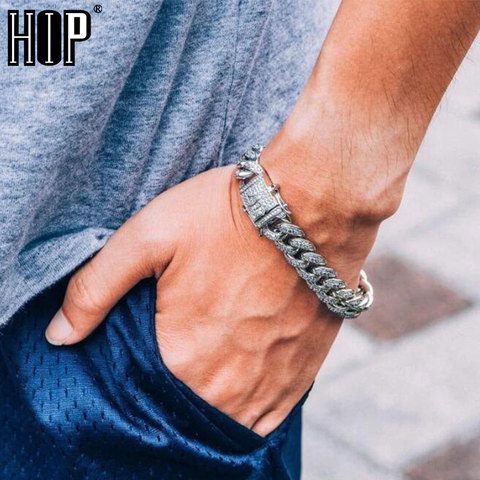 Hip Hop AAA Bling Miami Cuban Chain Iced Out pulsera de hombre Diamante de imitación de zirconia pulseras pavé con mariposa para hombres joyería ► Foto 1/6