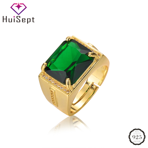 HuiSept-Anillo de plata 925 para hombre, joyería de piedra preciosa de circón Esmeralda, anillos abiertos de Color dorado, accesorios para adornos de compromiso de boda ► Foto 1/6