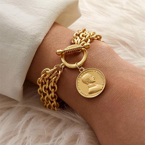 AENSOA-Conjunto de pulseras de cadena metálica multicapa con colgante de moneda y cabeza de rey, Color dorado, joyería para fiesta y boda ► Foto 1/6