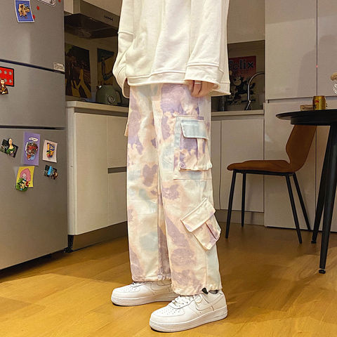 Tie-dye pantalones casuales de la moda de los hombres de bolsillo de carga pantalones hombres Streetwear suelto coreano Hip-hop recto ancho pierna pantalón para hombre ► Foto 1/6