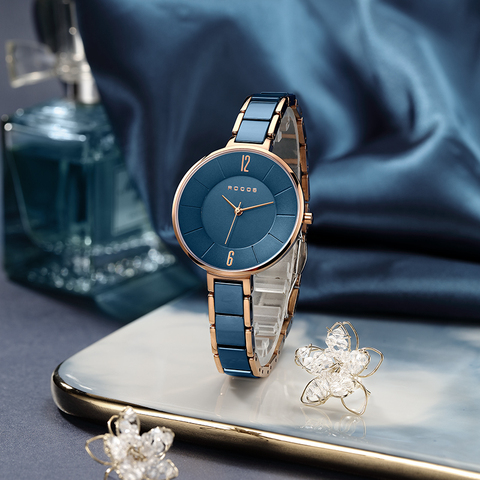 ROCOS las mujeres de cerámica de reloj de cuarzo de 3D cóncavo esfera azul moderno Simple de moda impermeable reloj de pulsera pequeño vestido de corte Slim para mujer reloj ► Foto 1/6