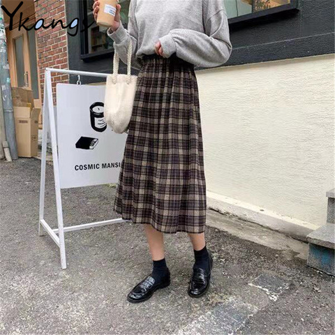 Faldas largas de lana de talla grande 3XL para mujer, faldas largas cálidas Vintage a cuadros plisado, estilo Harajuku, para oficina y invierno ► Foto 1/6