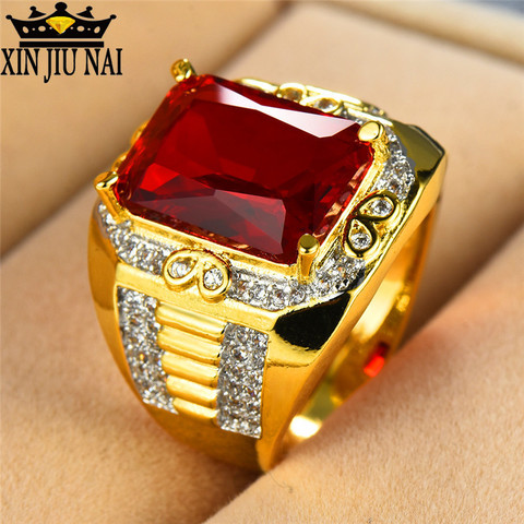 Anillo de oro amarillo de 18KT para hombre, piedra roja grande s925, anillos de compromiso de boda Vintage para hombre, regalos ► Foto 1/6