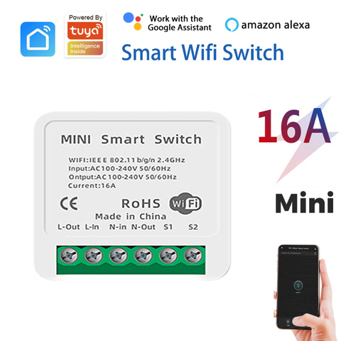 Miniinterruptor inteligente con Wifi para el hogar, interruptor de 10A/16A con 2 canales de Control de vía Wifi para el hogar, funciona con Smart Life, Tuya, Alexa y Google Home ► Foto 1/6