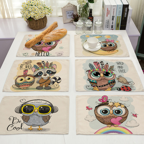 Mantel Individual Kawaii con patrón de búho para cocina, alfombrillas de lino y algodón para mesa de comedor, posavasos, tazón, taza, decoración del hogar, ML0007, 42x32cm, 1 Uds. ► Foto 1/6