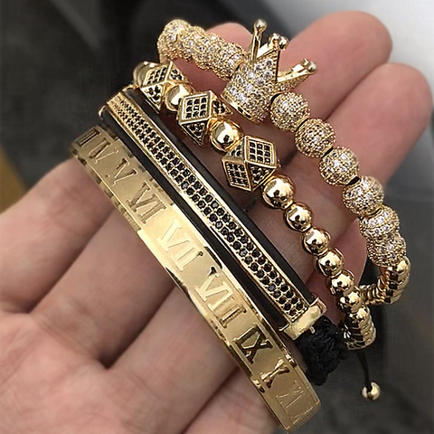 Gran oferta clásico hecho a mano, pulsera trenzada de oro Hip Hop para hombres, pavé de zirconia cúbica, corona, brazalete de Número Romano, joyería de lujo ► Foto 1/6