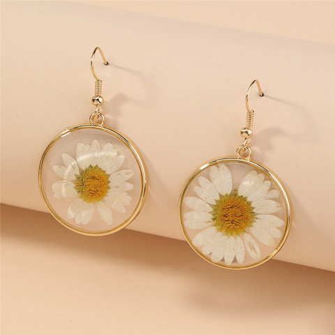 Pendientes elegantes de flores secas transparentes para mujer, pendientes de gota de Margarita de resina, aretes geométricos bohemios de oro, regalo de joyería 2022 ► Foto 1/4