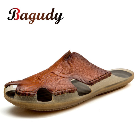 Sandalias transpirables de verano para hombre, zapatillas informales de cuero suave, cómodas, planas, para exteriores, estilo romano, para playa ► Foto 1/6