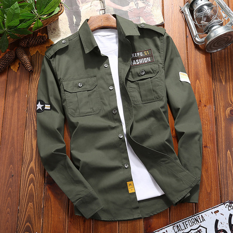 Camisas militares informales para hombre, Camisa de algodón, caqui, Retro, ajustado, con bolsillo, manga larga, Vintage, ropa de calle, envío directo ► Foto 1/6