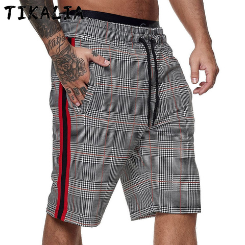 Pantalones cortos de verano para hombre, Shorts a rayas a cuadros, informales, con cordón, poliéster de alta calidad ► Foto 1/6