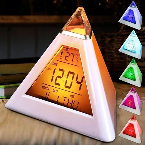 Reloj despertador Digital triangular, pantalla LED de 7 colores con temperatura semanal, decoración del hogar, hora y calendario, relojes luminosos y coloridos ► Foto 1/6