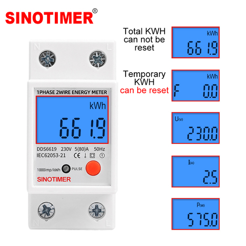 Retroiluminación monofásica 230V 5 (80) A medidor Digital Din Rail eléctrico KWH medidor de potencia voltímetro con función de reinicio ► Foto 1/6