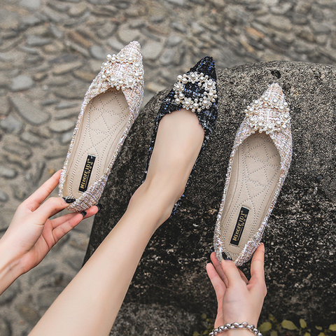 Bailarinas con hebilla redonda y cuentas para mujer, zapatos planos de ballet, sin cordones, boca poco profunda, Punta puntiaguda con perlas, colores mezclados ► Foto 1/6