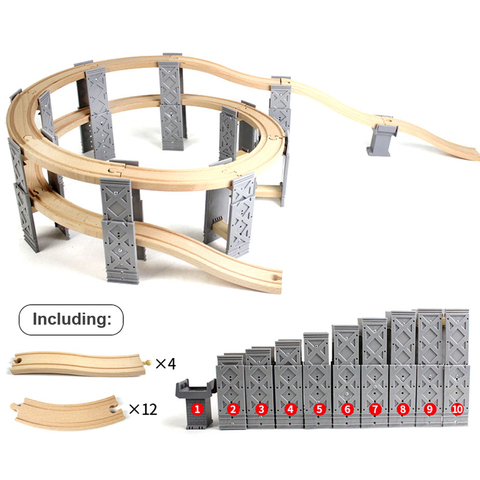 Vías de vía férrea de madera, accesorios de plástico en espiral, vías de tren de madera con puente, juguetes educativos para niños, regalo, 26 Uds. ► Foto 1/1