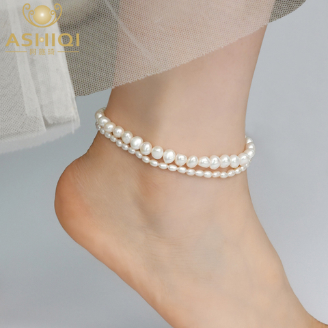 ASHIQI-tobillera de perla Natural de agua dulce auténtica para mujer, pulsera de tobillo con cadena elástica, joyería para pie de playa ► Foto 1/6