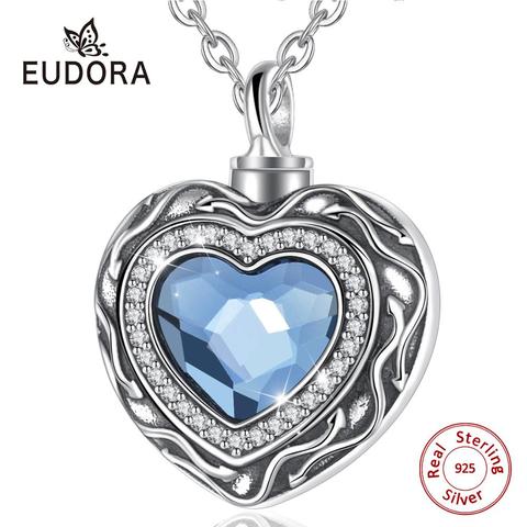 Eudora-medallón de plata de ley con forma de corazón, cremación del corazón, conmemorativa urna de cenizas, collar de piedra natal de cristal azul, joyería de recuerdo CYG004 ► Foto 1/6