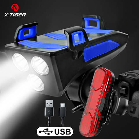 Luz X-TIGER para bicicleta, lámpara con soporte para teléfono de bicicleta, timbre, 4 en 1 Powerbank, linterna multifunción ► Foto 1/6