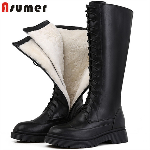 ASUMER-Botas de piel auténtica para mujer, botines hasta la rodilla de lana sintética, cálidos, de tacón bajo, punk, para motocicleta, para invierno, gran oferta, 2022 ► Foto 1/6