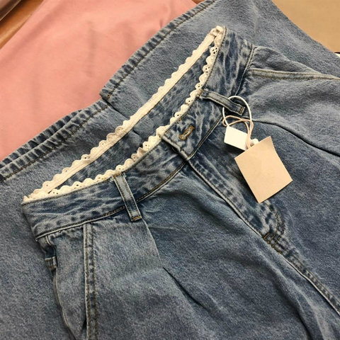 Las mujeres pantalones vaqueros de cintura alta de encaje-edged otoño 2022, ancho de la pierna pantalones estética recto Slim Denim Pantalones vaqueros pantalones de mujer dulce ► Foto 1/6