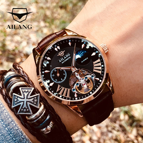 Reloj de calidad AILANG Tourbillon para hombre, reloj de sol/luna, reloj de diésel suizo automático, reloj mecánico transparente ► Foto 1/6