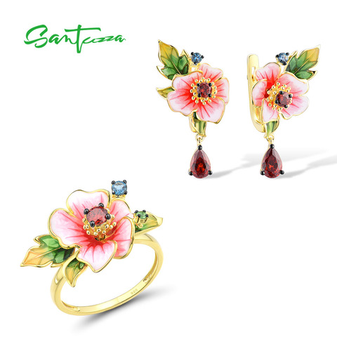 SANTUZZA-Conjunto de joyería para mujer, Plata de Ley 925, Color dorado, esmalte, flor rosa, granate Circonia cúbica brillante, joyería fina para fiesta ► Foto 1/6