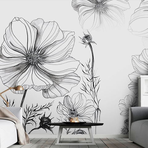 Papel tapiz 3D para pared de sala de estar, Mural pintado a mano, boceto blanco y negro, foto de flores, Arte Abstracto Floral, pintura 3D ► Foto 1/6