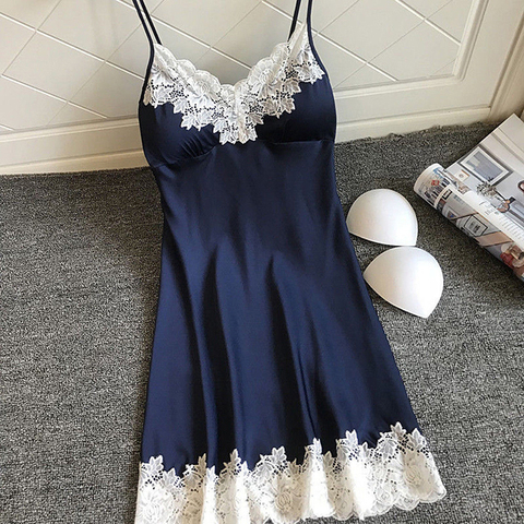 Camisón de seda y encaje estilo babydoll para mujer, lencería sexy, vestido de noche de satén para llevar en casa, ropa de verano con almohadillas en el pecho ► Foto 1/6