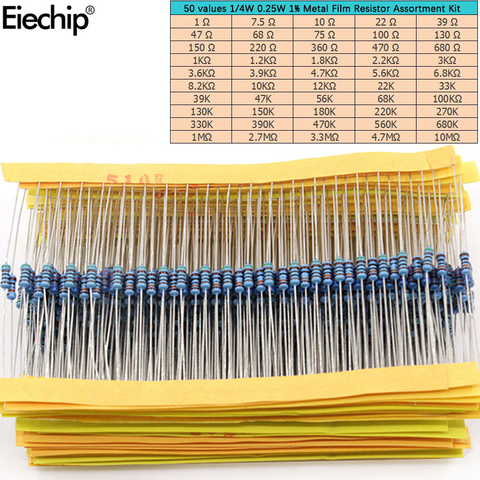 500 unids/lote 50 valores de 1/4W 0,25 W 1% de película de Metal juego surtido de resistencias de 1R-10mR 1ohm-10Mohm Kit de muestras de resistencia ► Foto 1/5