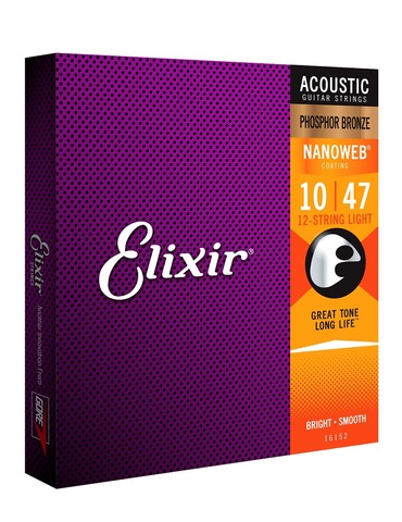 Elixir Strings 16152 bronce fósforo 12 cuerdas de guitarra acústica, revestimiento NANOWEB, Luz (. 010-047) ► Foto 1/5