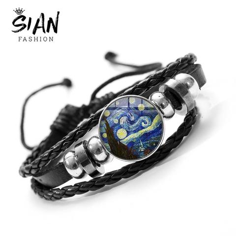 SINA-pulsera clásica de la serie Van Gogh para hombre y mujer, brazaletes de piel hechos a mano con estampado de girasol y noche estrellada ► Foto 1/6