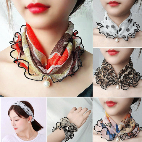 Bufanda de encaje con colgante de perlas falsas para mujer, variedad de bufandas, collar creativo, bufanda de gasa con lazo, accesorios de ropa ► Foto 1/6