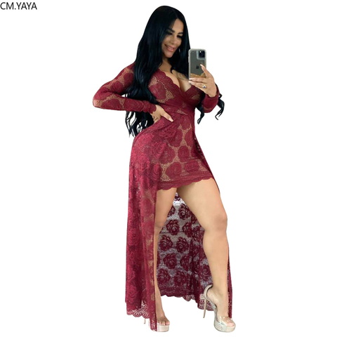 Las mujeres primavera invierno largo Maxi vestido 2022 con cuello en V de encaje Sexy de manga completa noche Bandage de Fiesta Club vestidos camiseros GL1248 ► Foto 1/6