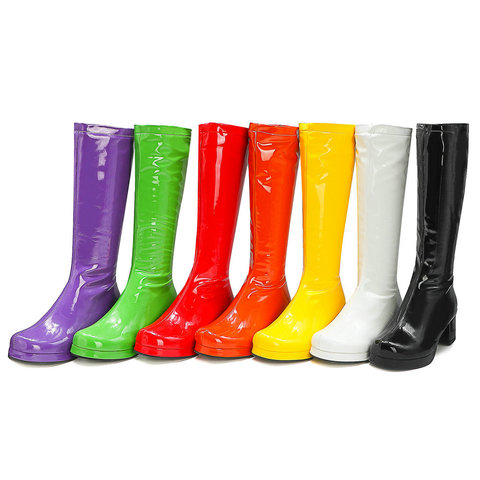 Botas de charol para mujer, zapatos largos de punta redonda, plataforma de tacón grueso, ropa para fiesta para mujer, verde, amarillo, lavanda, azul, Otoño e Invierno ► Foto 1/6