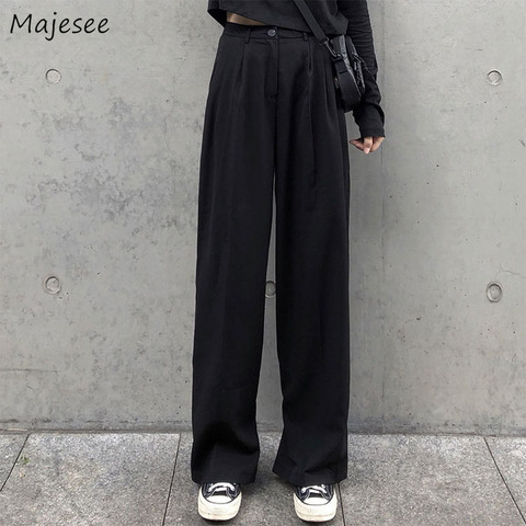 Pantalones de cintura alta para mujer, pantalón largo liso negro, moda coreana, holgado, Simple, pantalones de pierna ancha, ropa de calle, otoño ► Foto 1/6