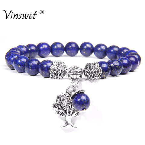 Pulsera con abalorio de árbol de la vida para hombre, Pulsera con cuentas naturales de lapislázuli, Pulsera trenzada ajustable de moda para mujer, joyería para parejas ► Foto 1/6