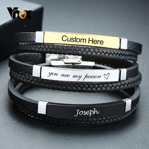 Vnox-Pulseras de cuero genuino trenzadas personalizadas para hombres, brazalete informal de acero inoxidable con palabras y nombre ► Foto 1/6