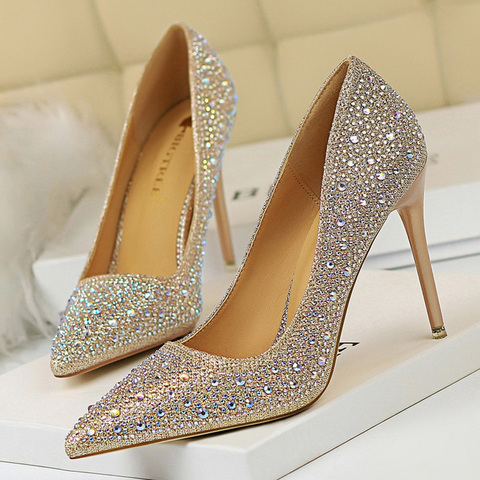 BIGTREE-zapatos de tacón de aguja con diamantes de imitación para mujer, calzado básico de boda a la moda, tacones altos de 10cm y 7cm ► Foto 1/6