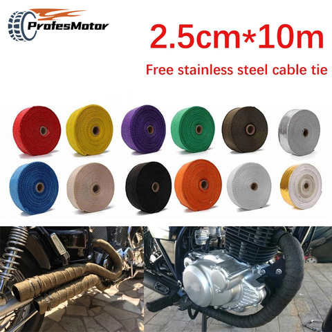 Cinta térmica de escape para motocicleta de 2,5 CM x 10M, cabezal de envoltura térmica múltiple, rollo de aislamiento resistente, fibra de vidrio, regalo gratis, 6 bridas fijas ► Foto 1/6