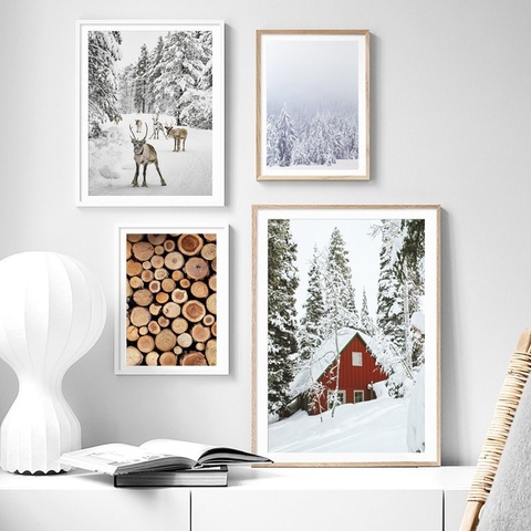 Cuadro sobre lienzo para pared estilo navideño, decoración del hogar, pinturas de paisaje de invierno, póster nórdico, imagen de pared, decoración para sala de estar ► Foto 1/6